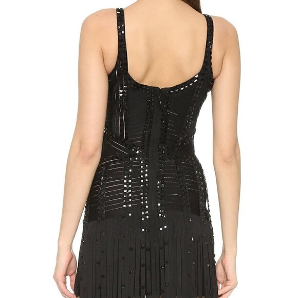 đź’•herve Leger Jadelyn Black Beaded Fringe Cocktail Dress. - Picture 3 of 10